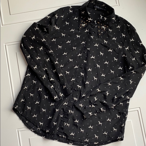 Zara Tops - Zara Silk Dog Button Down Top Black S